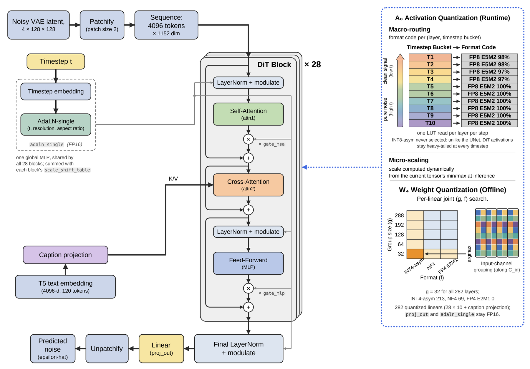 PixArt-alpha DiT execution path showing FP8 E5M2 selected in 97 to 100 percent of linears in every bucket, dynamic micro-scaling, and a joint group-size and format weight search.